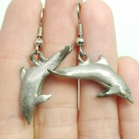 Vintage Leaping Dolphin Dangle Earrings, Silver Tone, 80s 90s Style, Estate - Picture 1 of 6
